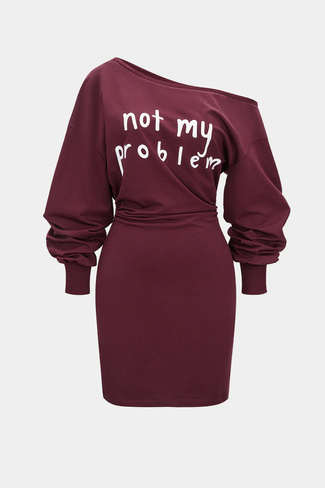 Letter Print One Shoulder Ruched Long Sleeve Mini Dress