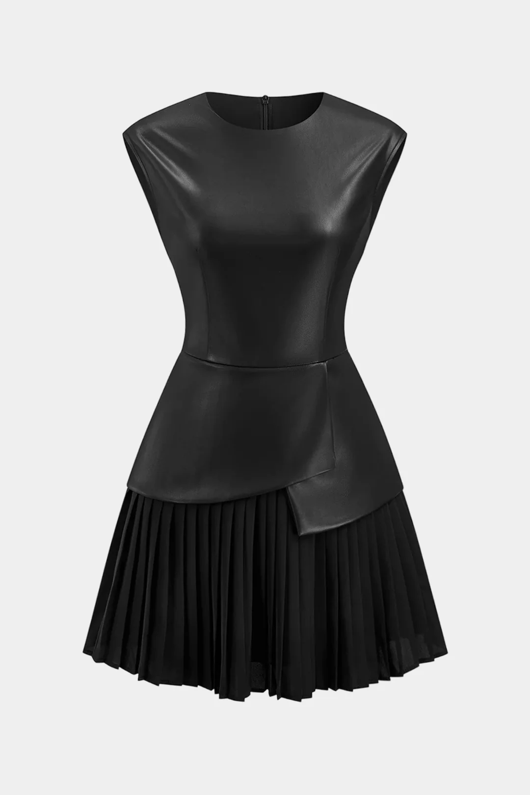 Faux Leather Patchwork Pleated Short Sleeve Mini Dress