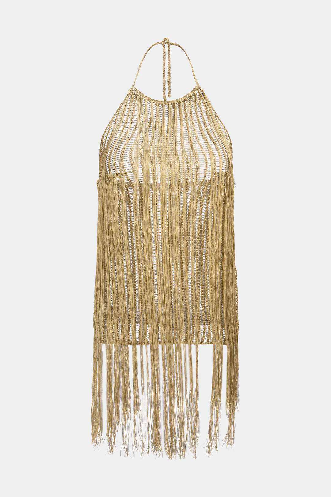 Halter Round Neck Tie-Up Fringe Backless Cut Out Sleeveless Mini Dress