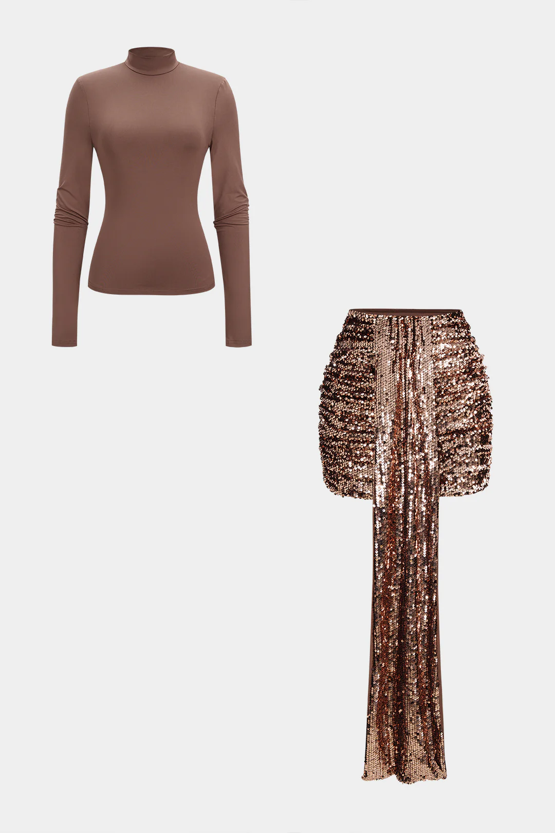 Mock Neck Long-Sleeve Top And Sequin Mini Skirt Set