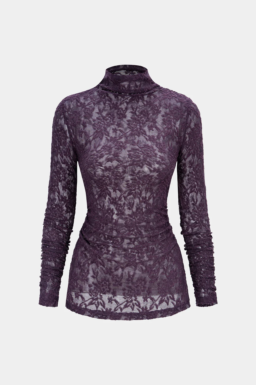 Mock Neck Sheer Floral Textured Long-Sleeve Top