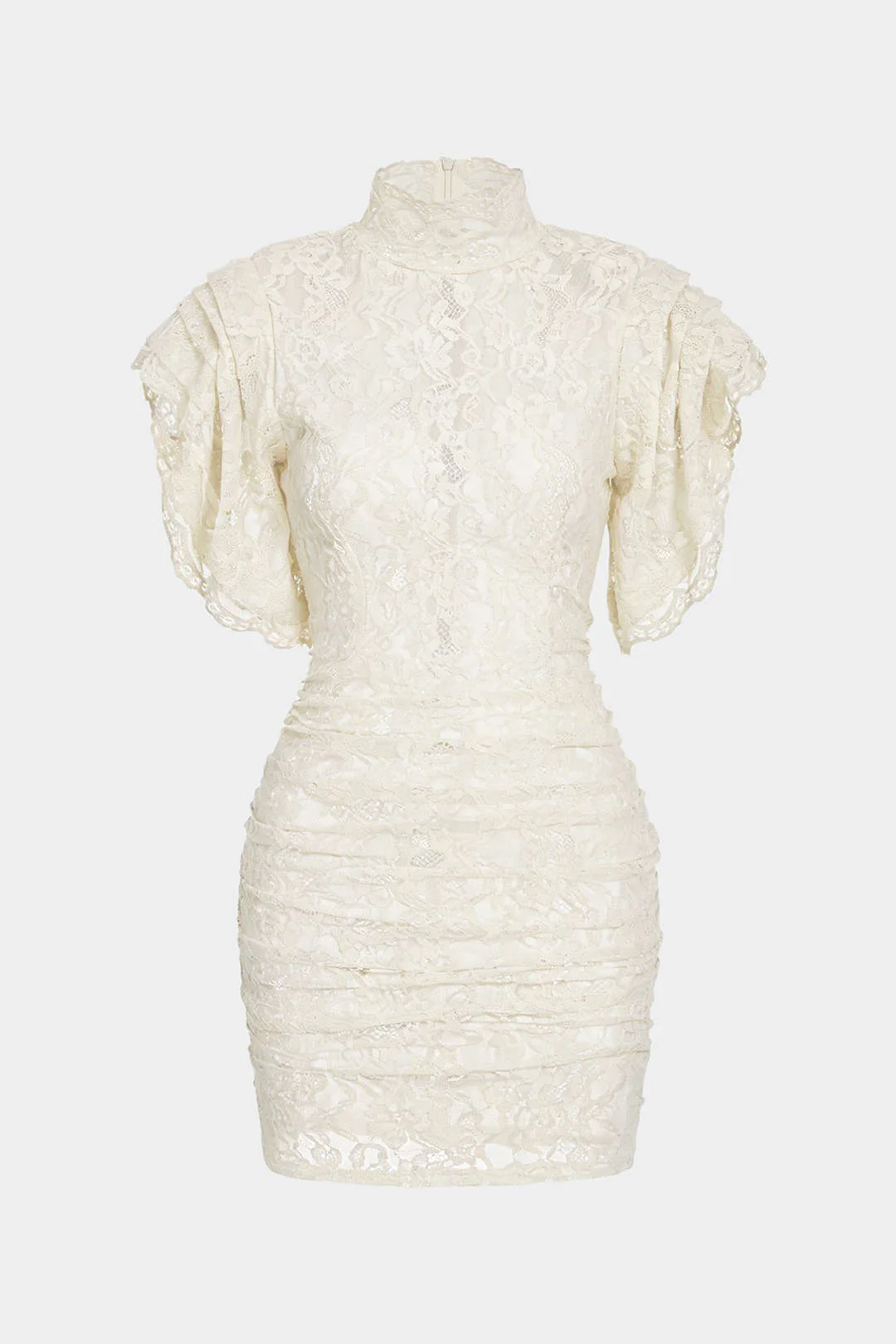 Sheer Lace Mock Neck Ruched Short Sleeve Mini Dress - Image 10