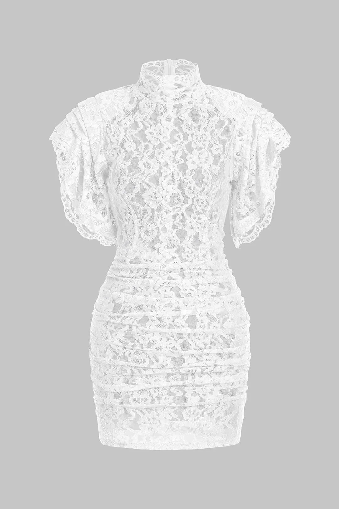 Sheer Lace Mock Neck Ruched Short Sleeve Mini Dress - Image 7