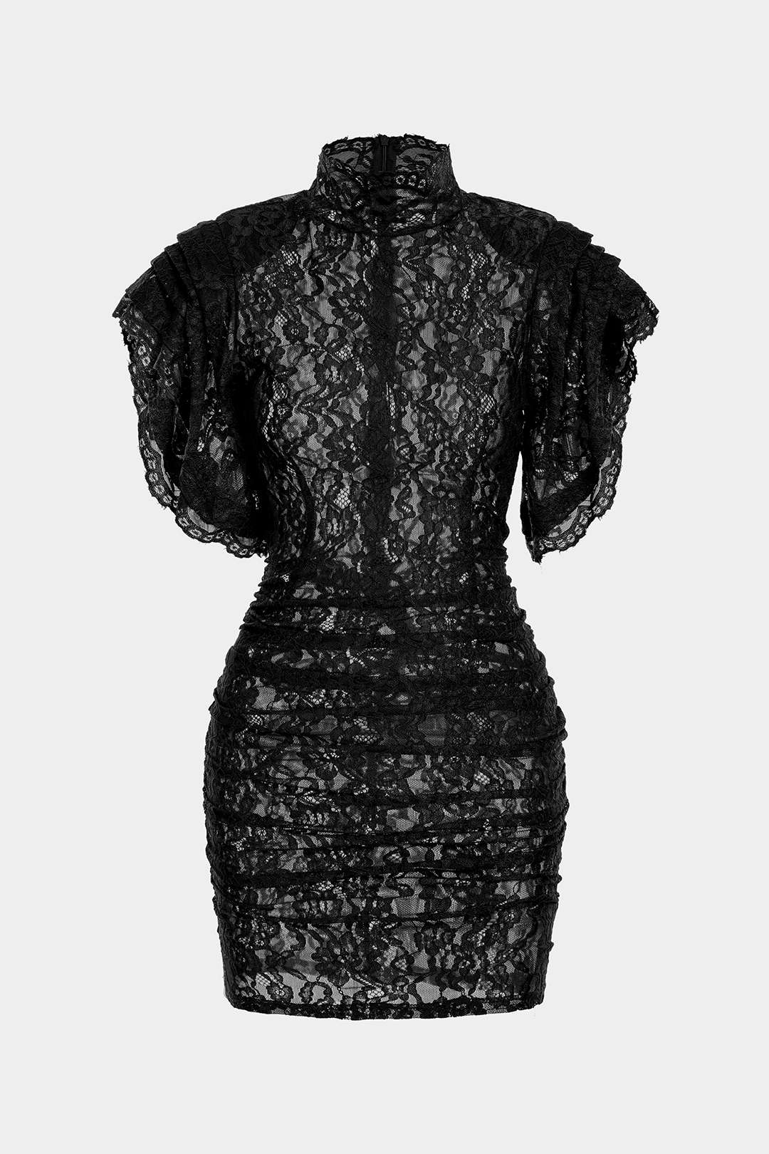 Sheer Lace Mock Neck Ruched Short Sleeve Mini Dress - Image 8