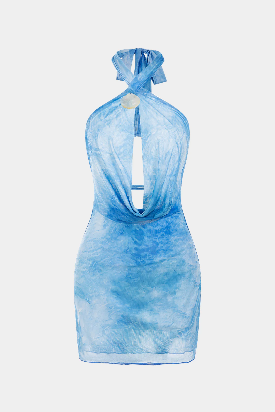 Tie Dye Print Mesh Halter Draped Cowl Neck Cut Out Backless Sleeveless Mini Dress