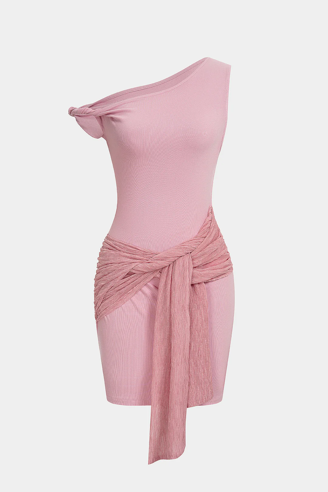 Patchwork Chiffon One Shoulder Tie-Up Ruched Sleeveless Mini Dress