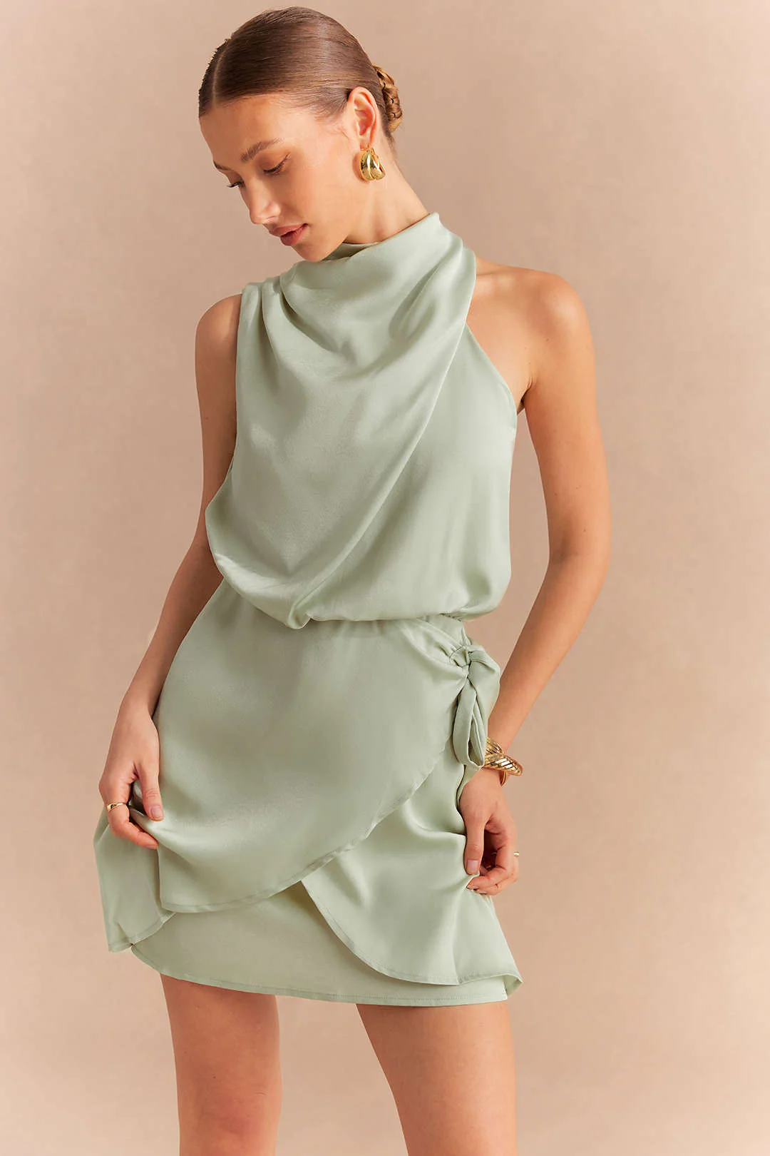 Satin Halter Asymmetrical Ruched Tie-Up Sleeveless Mini Dress