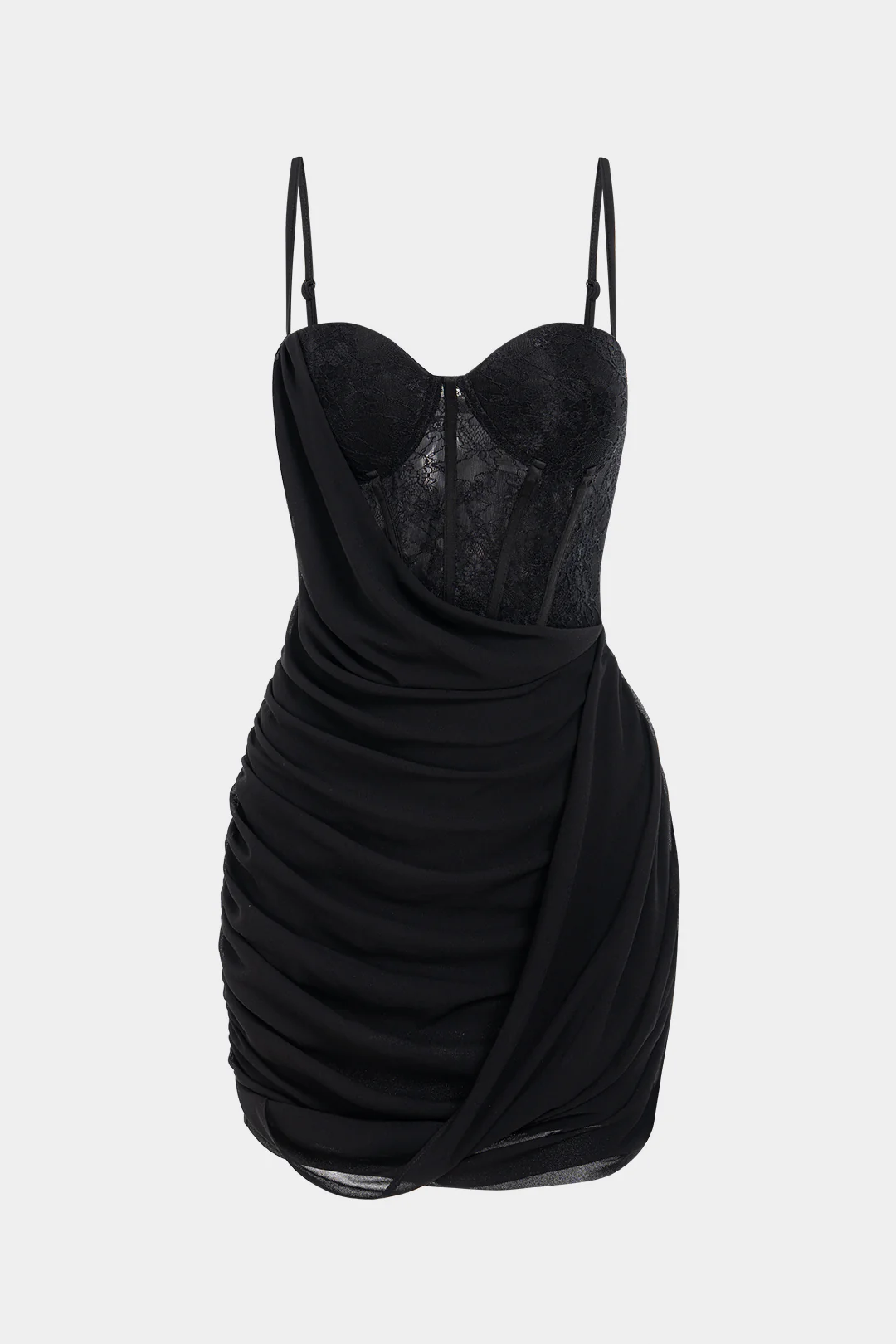 Chiffon Patchwork Lace Corset Asymmetrical Ruched Sleeveless Mini Dress