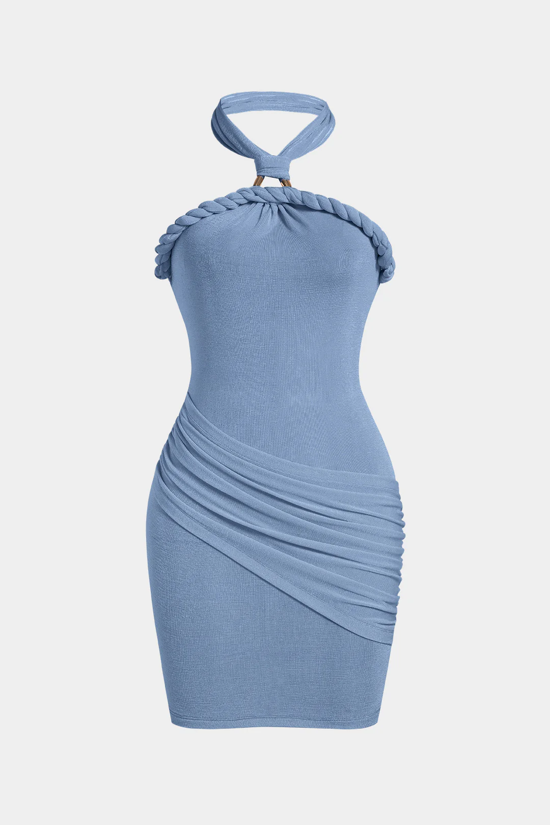 Metallic Halter Neck Twist Neck Ruched Asymmetrical Mini Dress