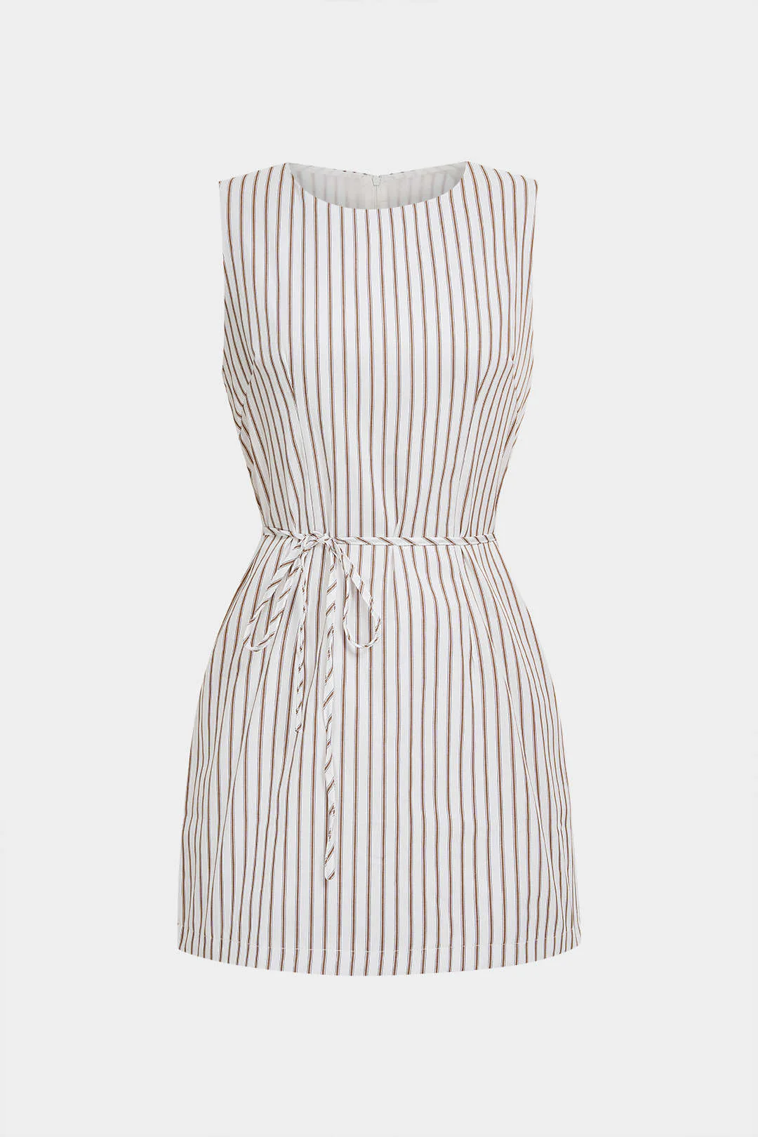 Stripes Print Round Neck Tie-Up Sleeveless Mini Dress