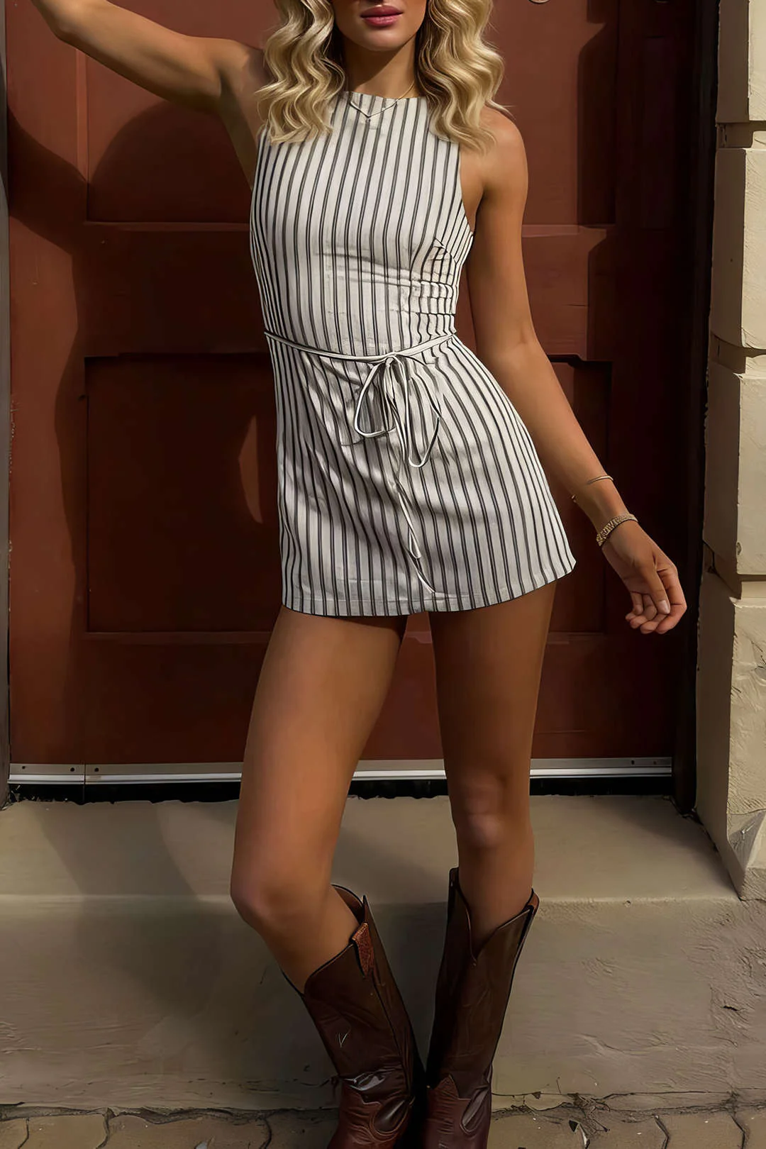 Stripes Print Round Neck Tie-Up Sleeveless Mini Dress - Image 5
