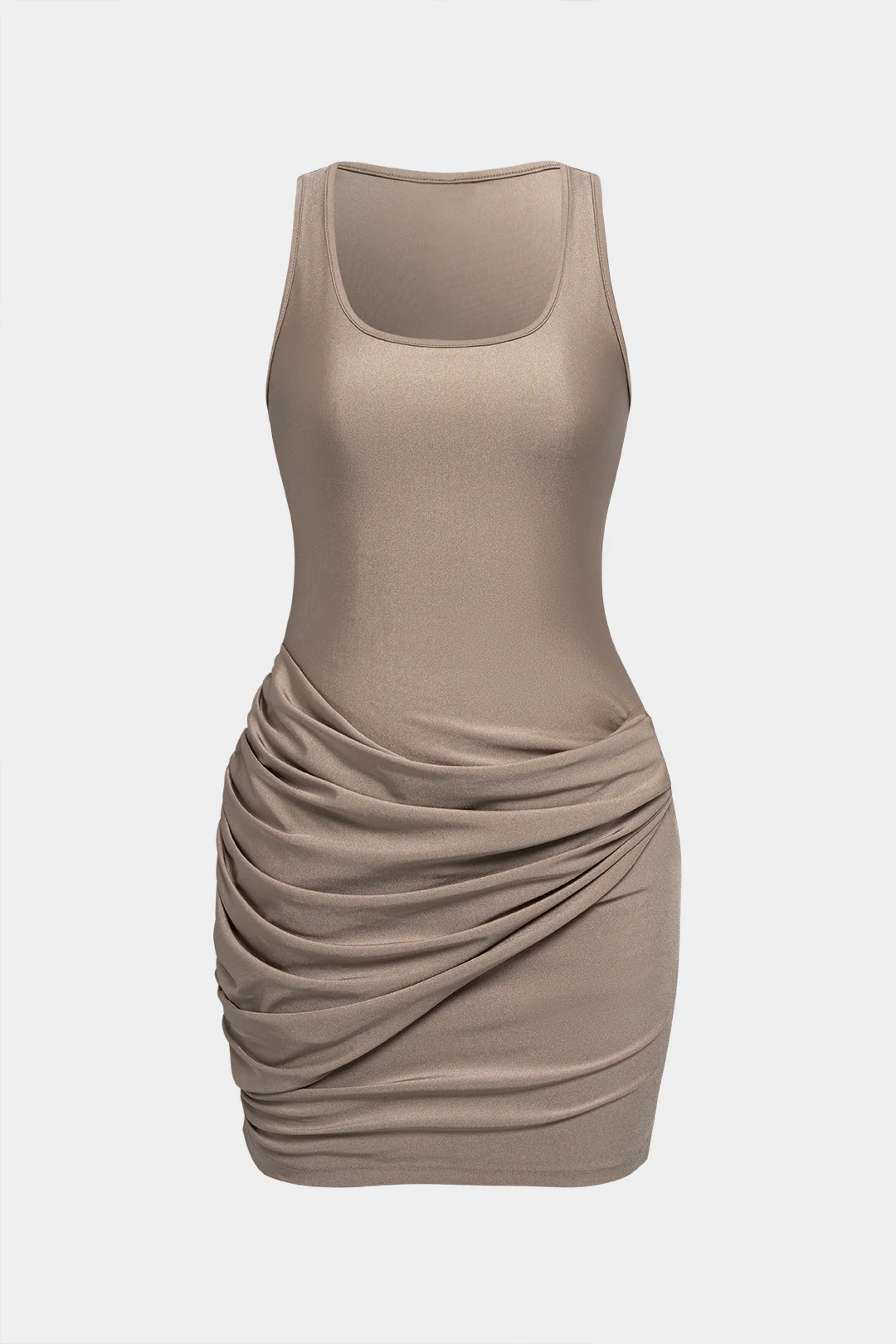U-Neck Asymmetrical Ruched Sleeveless Mini Dress