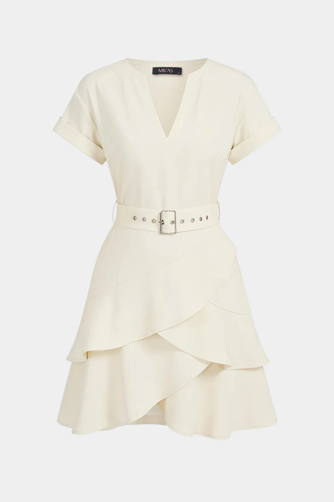 V-Neck Belted Layered Short Sleeve Mini Dress
