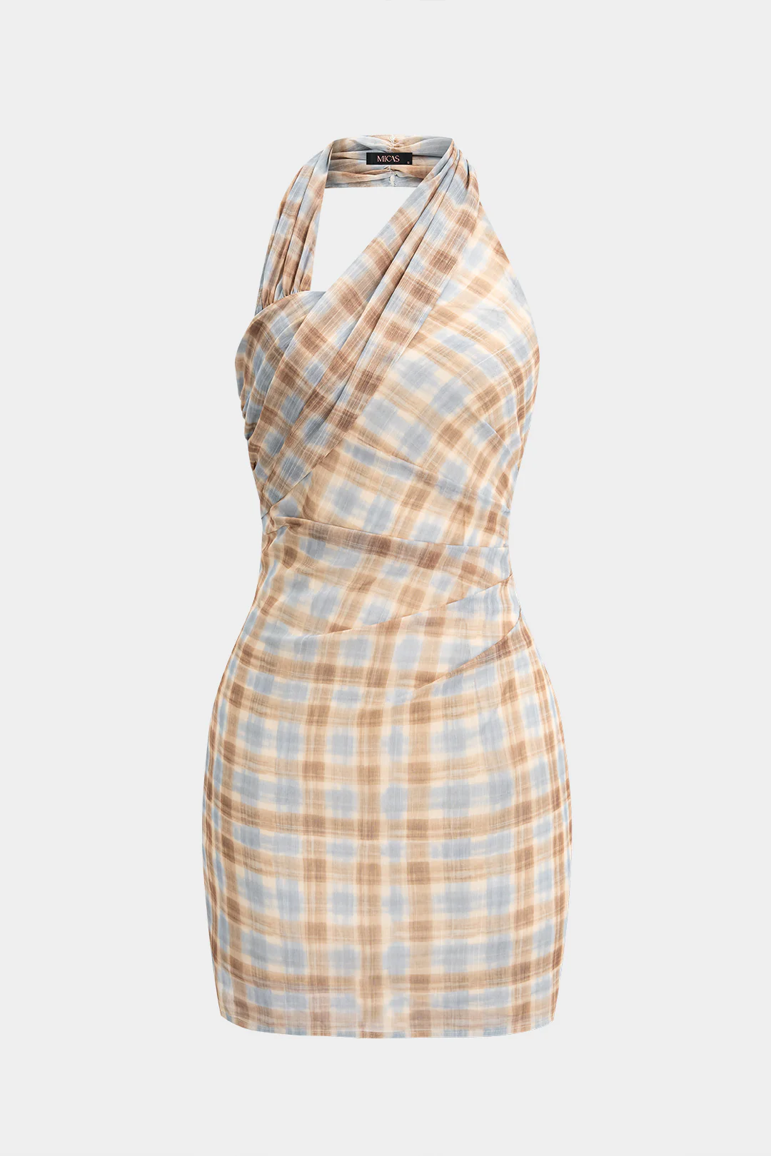 Plaid Print Halter Neck Sleeveless Mini Dress
