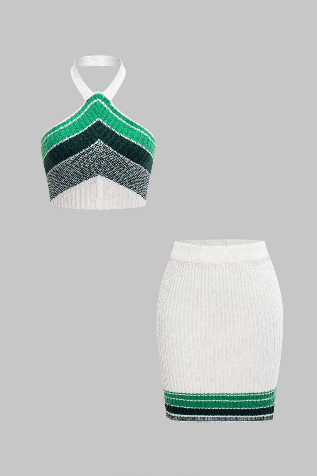 Knit Color-Block Halter Neck Cami Top And Mini Skirt Set