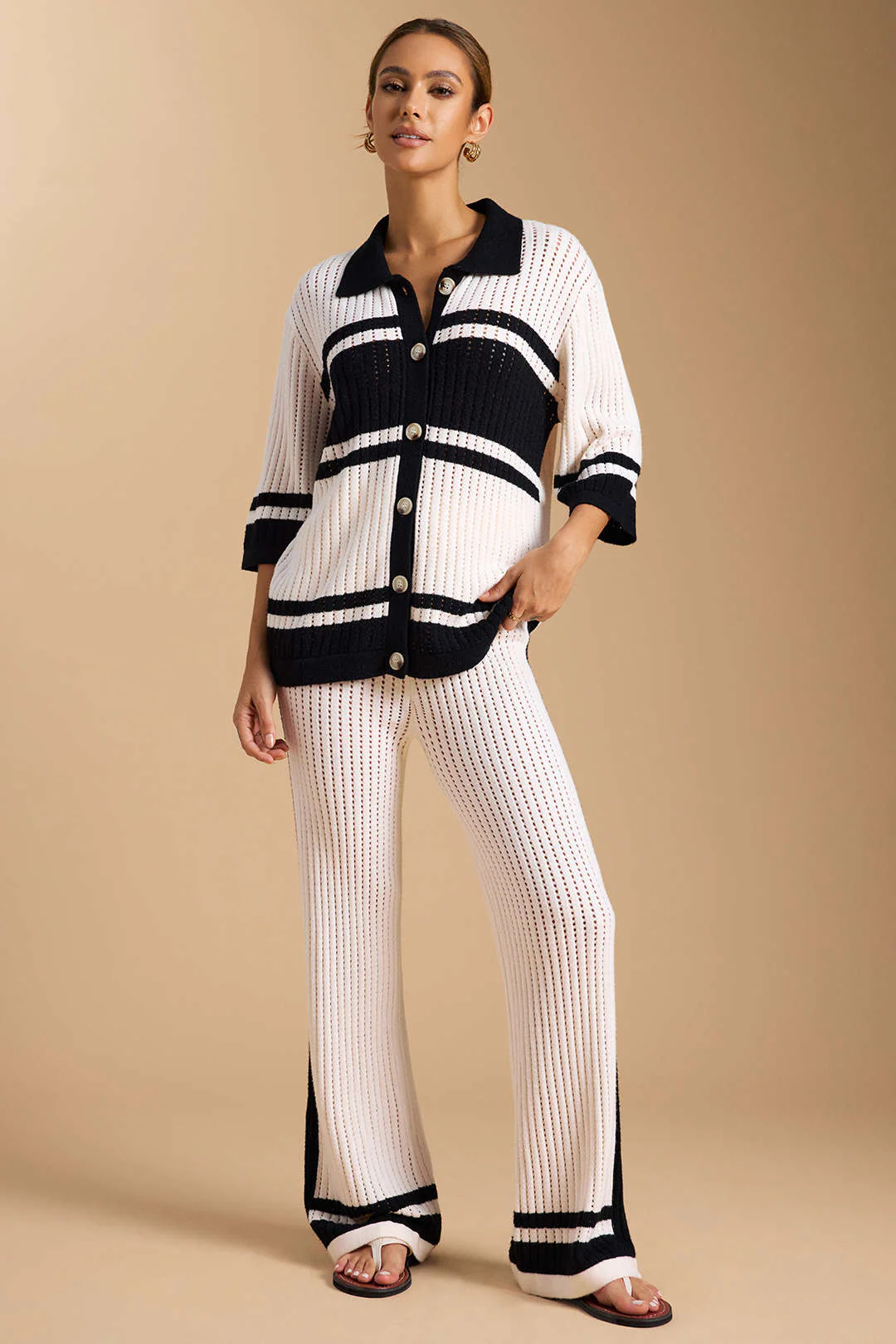 Knit Contrast Hollow Out Lapel Top And Drawstring Wide Leg Pants Set