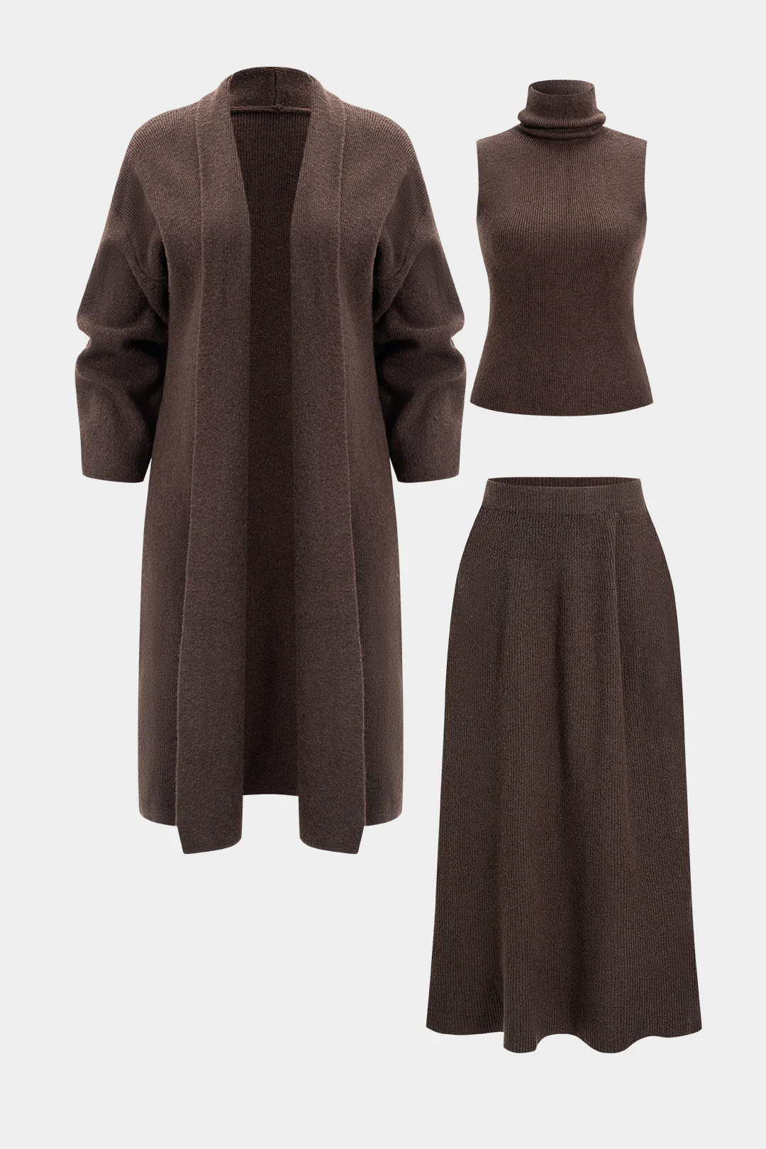 Knit Ruched Long Cardigan And Mock Neck Tank Top And Skirt Set