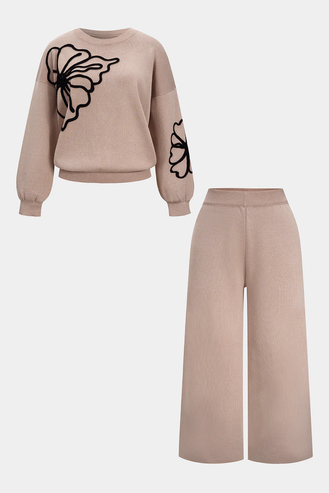 Plus Size Knit Round Neck Embroidery Long-Sleeve Top And Wide Leg Pants Set