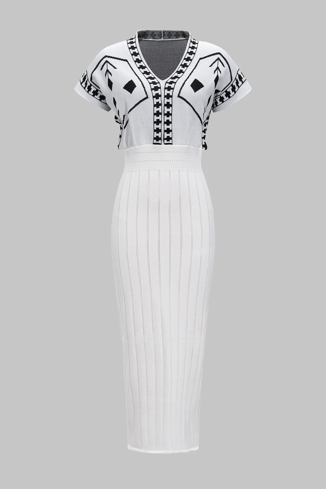 Knit Jacquard V-Neck Short-Sleeve Dress