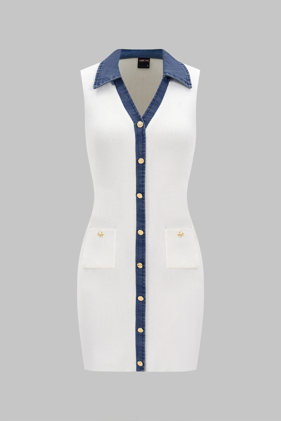 Knit Patchwork Denim Lapel Sleeveless Dress