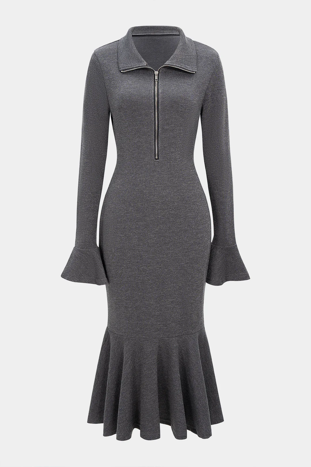 Lapel Ruffle Hem Zipper Bell Sleeve Midi Dress