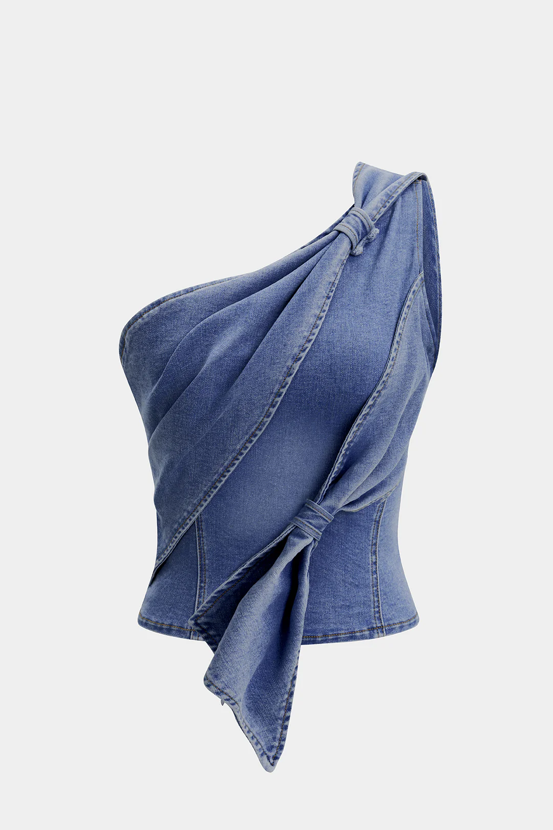 Denim One Shoulder Asymmetrical Ruched Tank Top