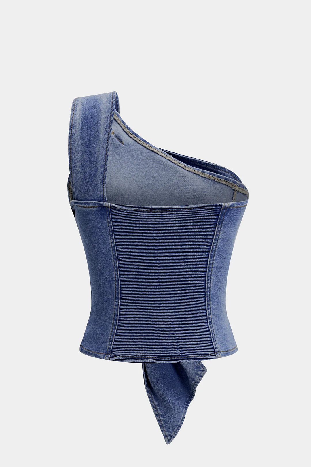 Denim One Shoulder Asymmetrical Ruched Tank Top - Image 2