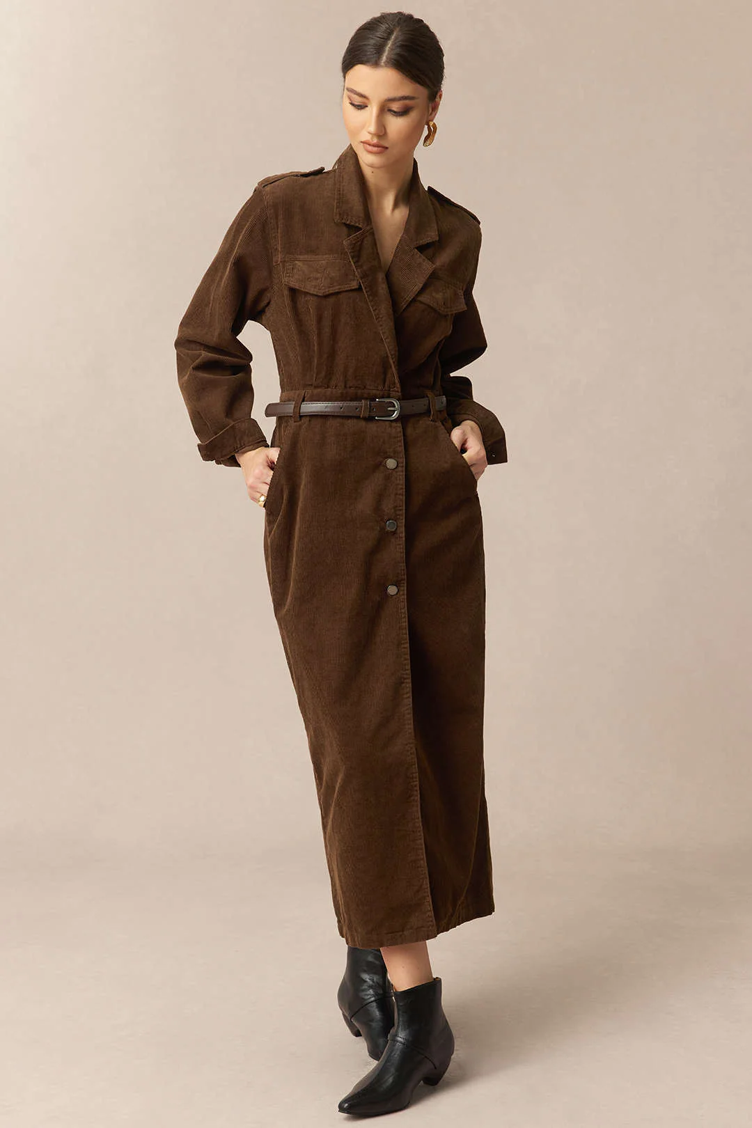 Corduroy Notched Lapel Button Pocket Belted Long Sleeve Dress