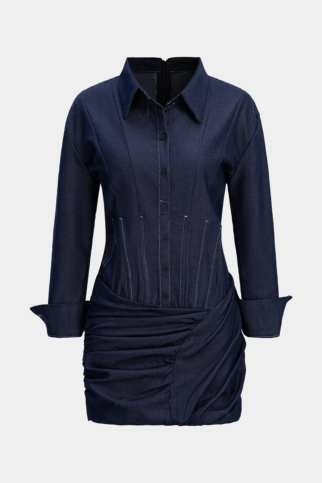 Denim Ruched Asymmetrical Long Sleeve Dress