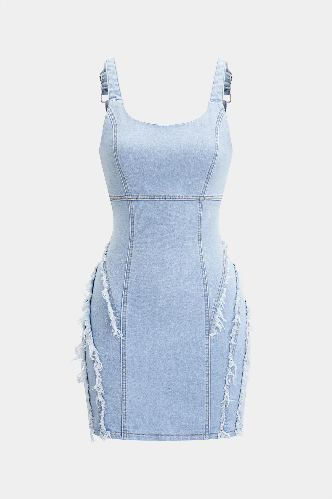 Denim Square Neck Frayed Zipper Sleeveless Dress
