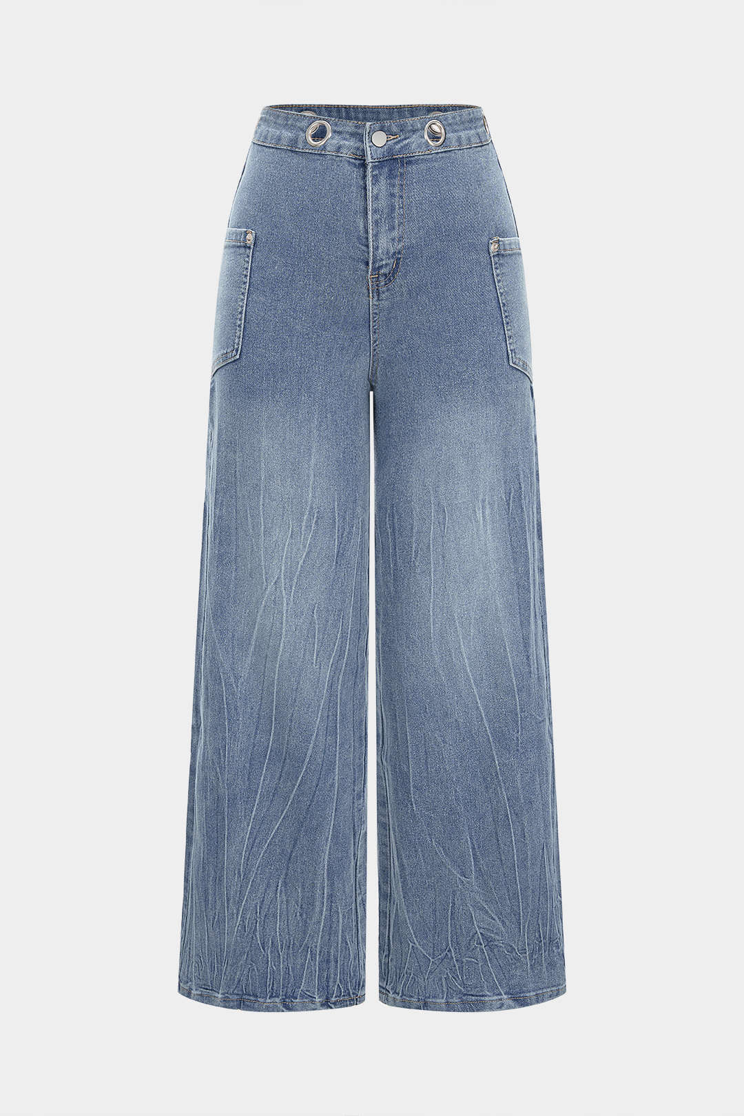 Denim Eyelet Decor High Waist Wide Leg Jeans