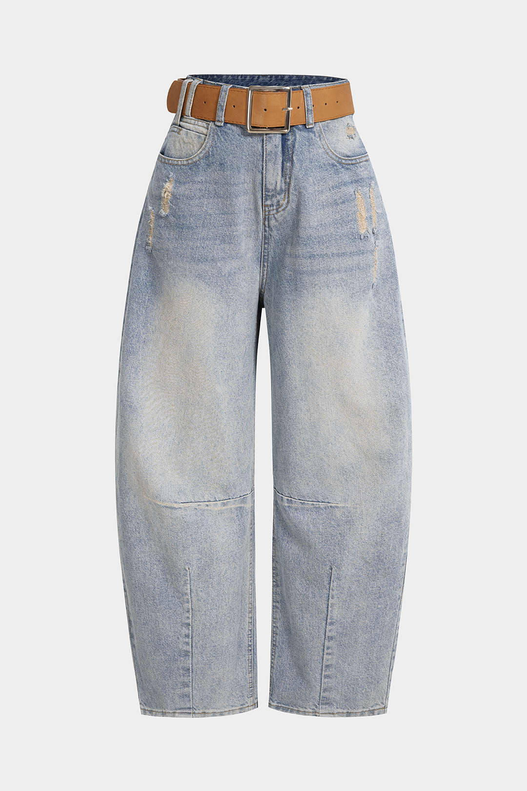 Denim Belted Frayed Pocket Barrel Jeans