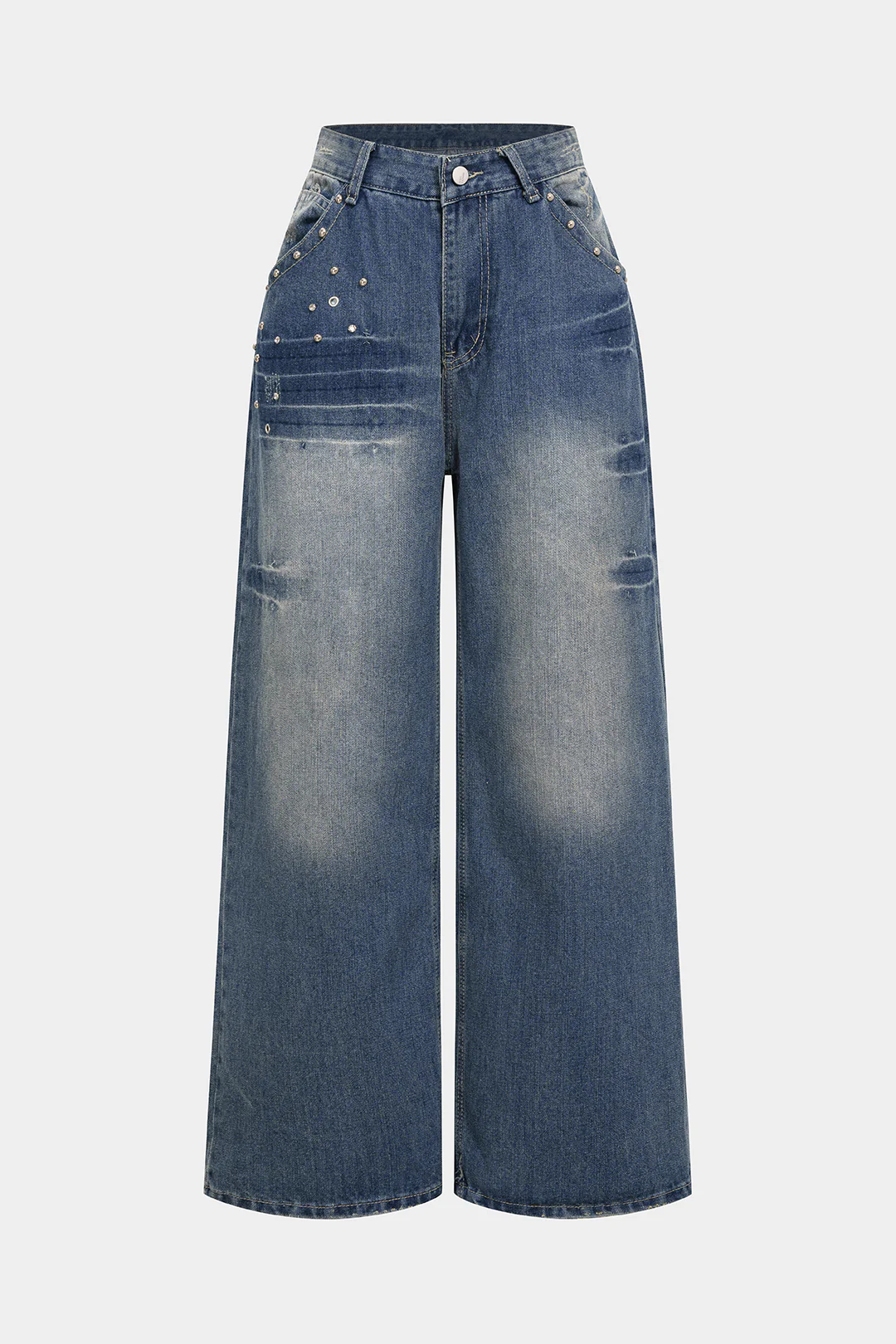 Denim Rivet Rhinestone Decor Straight Leg Jeans