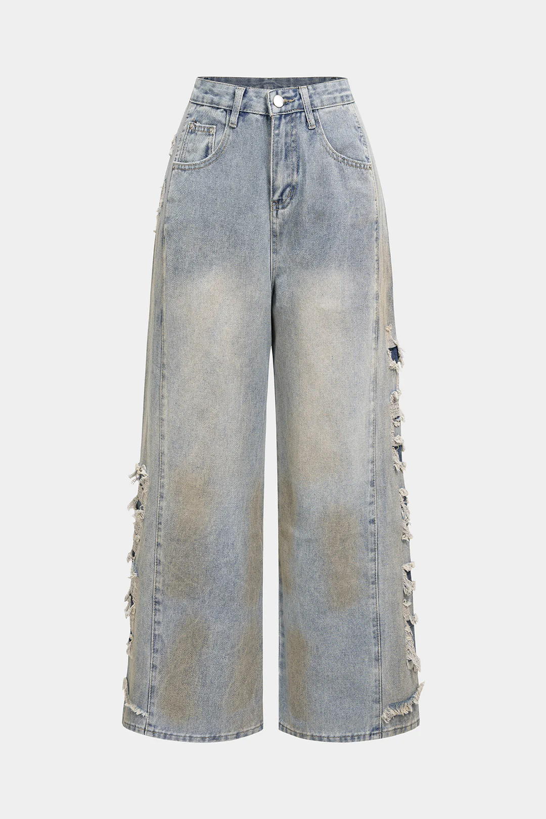Denim Asymmetrical Frayed High Waist Straight Leg Jeans