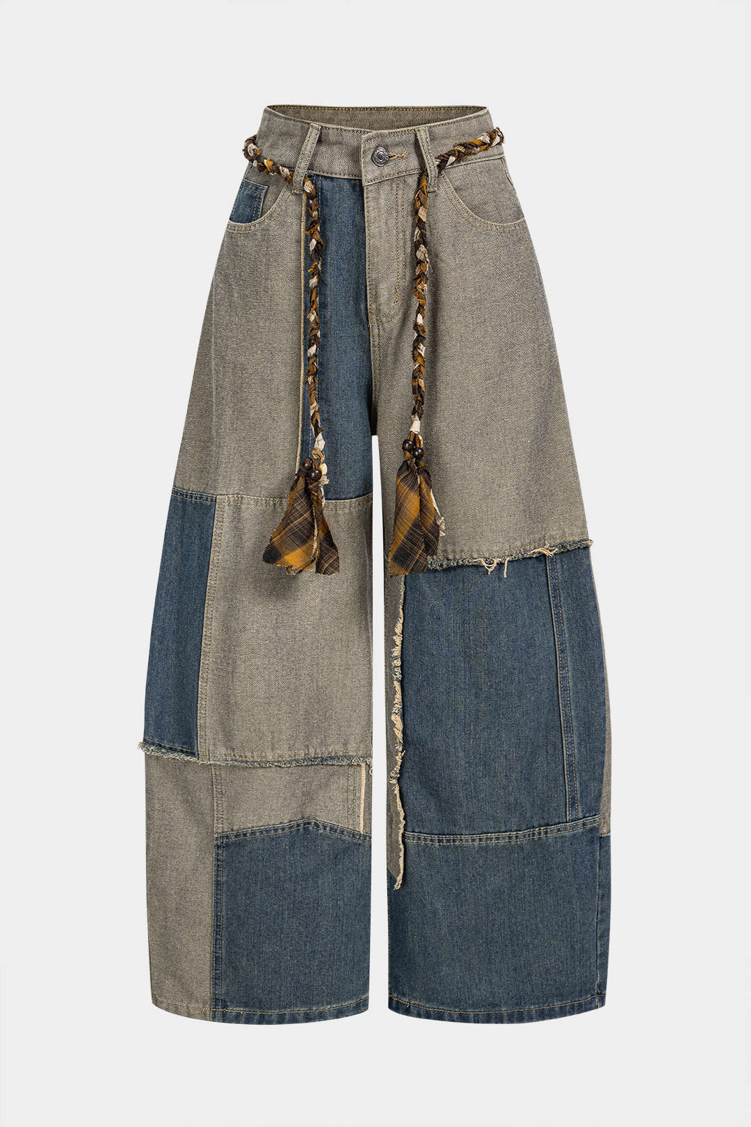 Denim Braided Belted Frayed Pocket Wide Leg Jeans
