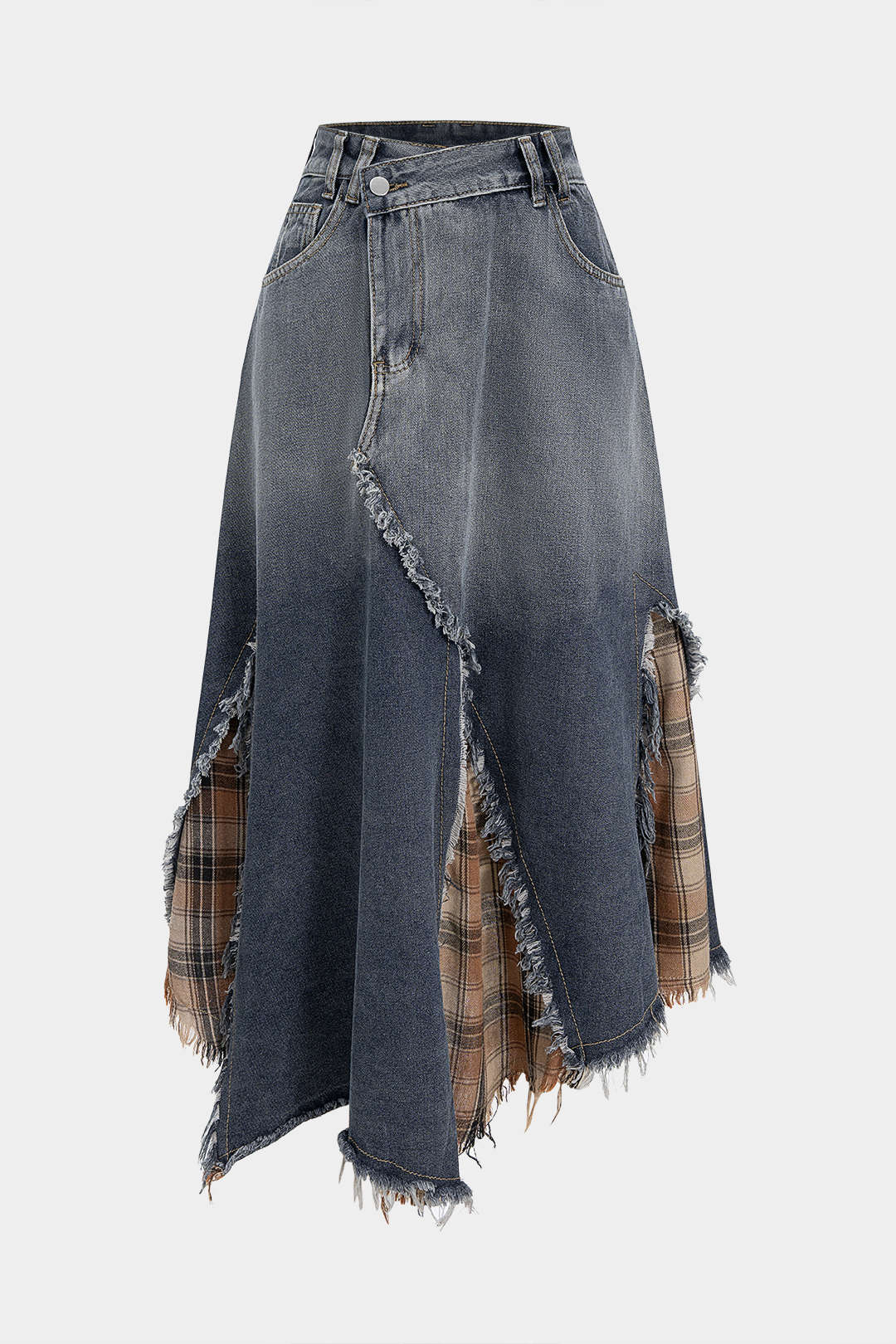 Denim Plaid Print Patchwork Frayed High Waist Skirt