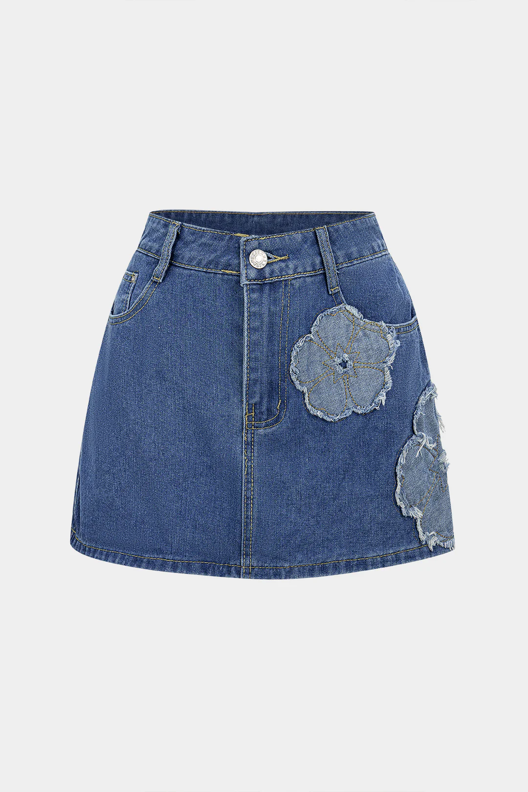 Denim Flower Applique High Waist Skirt