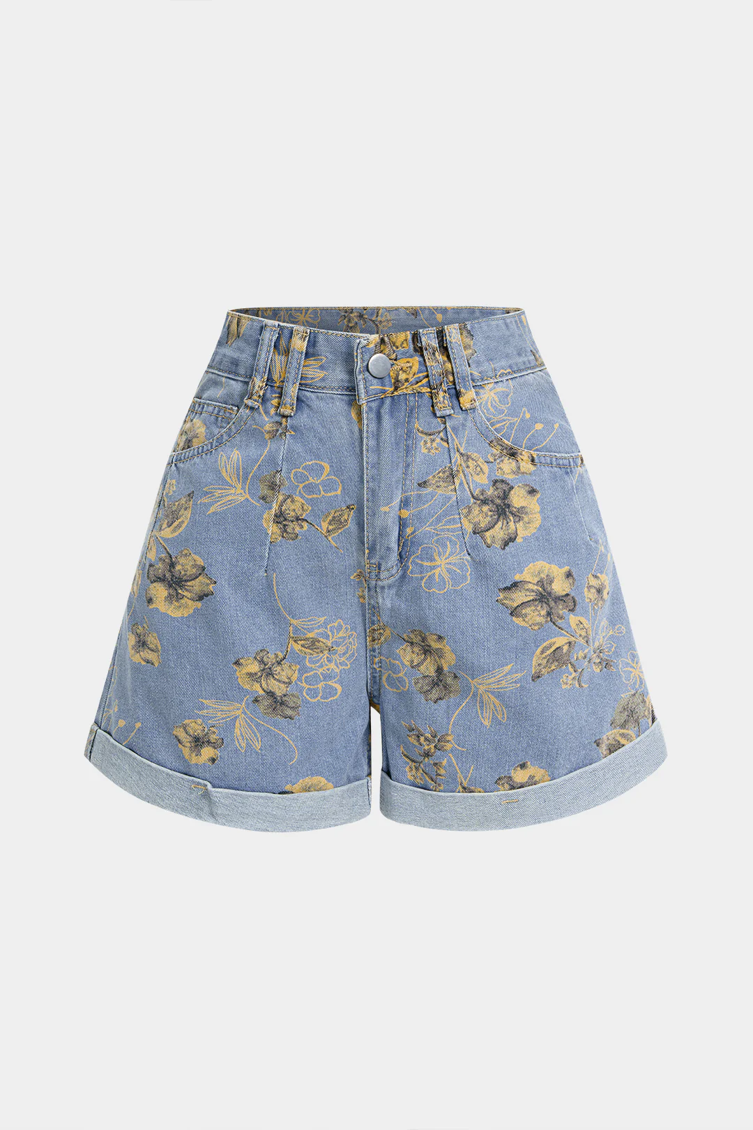 Denim Floral Print High Waist Shorts
