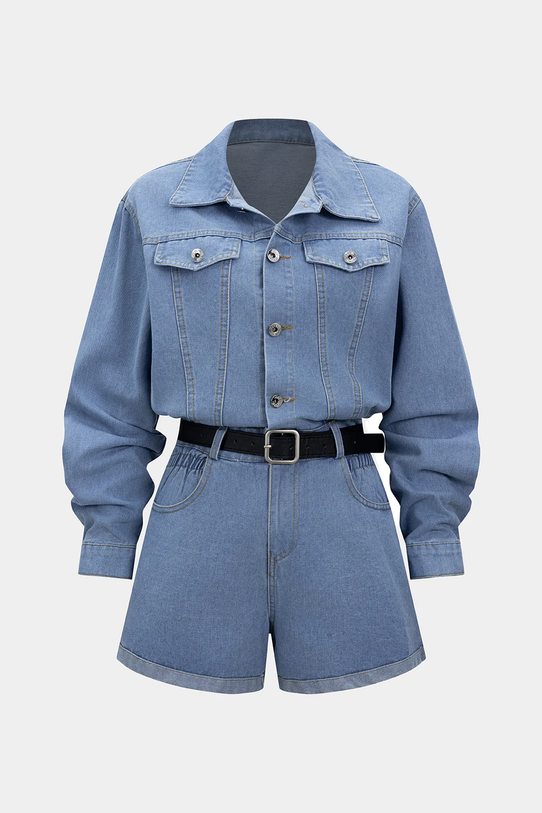 Denim Button Belted Long Sleeve Romper