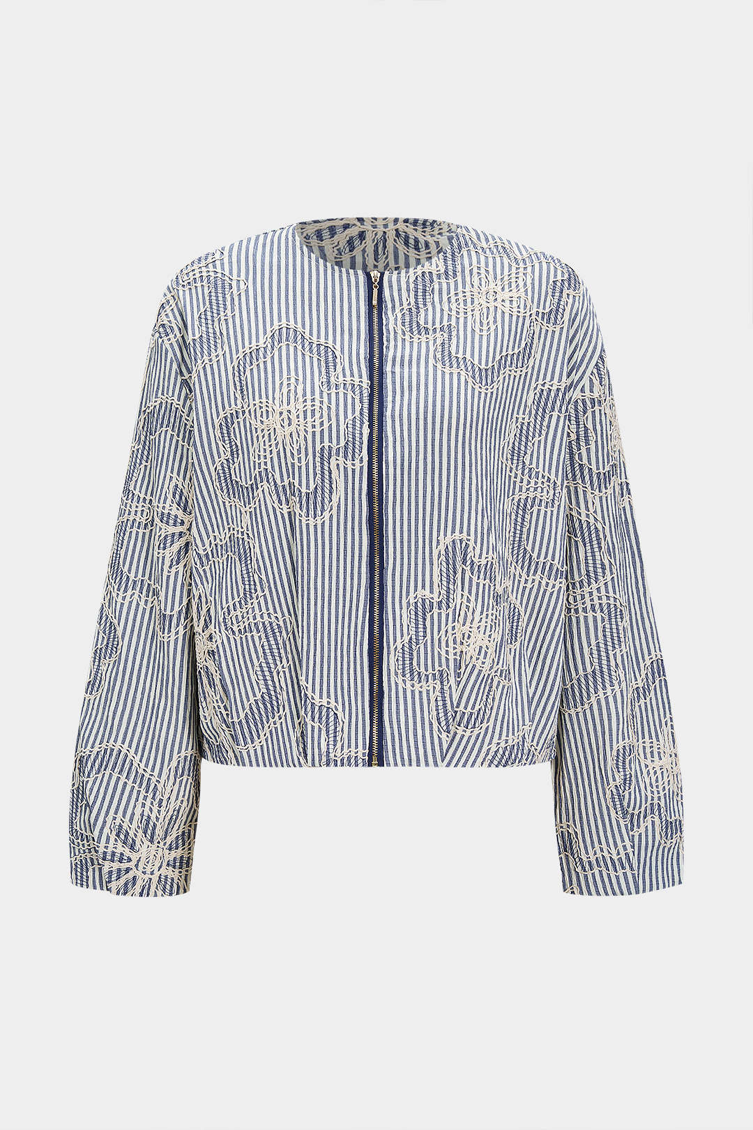 Stripes Print Floral Embroidery Zipper Jacket