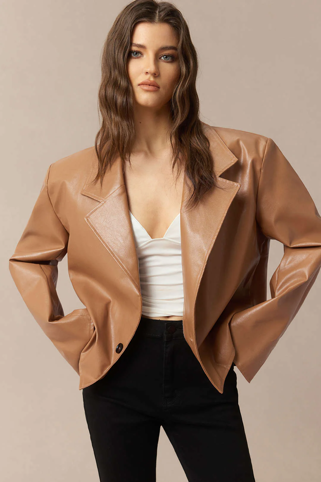 Faux Leather Notched Lapel Jacket