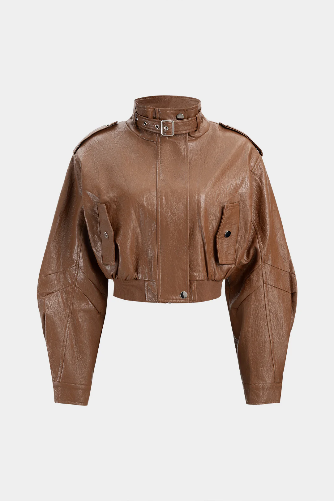 Faux Leather Stand Collar Cropped Jacket