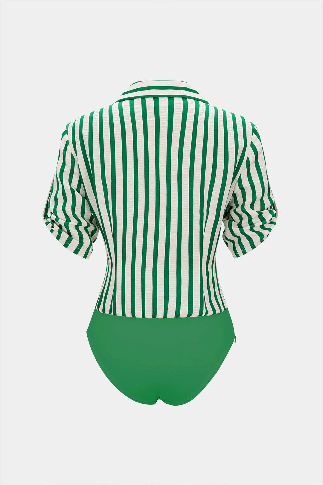 Stripes Print Button Patchwork Ruched V-Neck Short Sleeve Bodysuit - Image 2