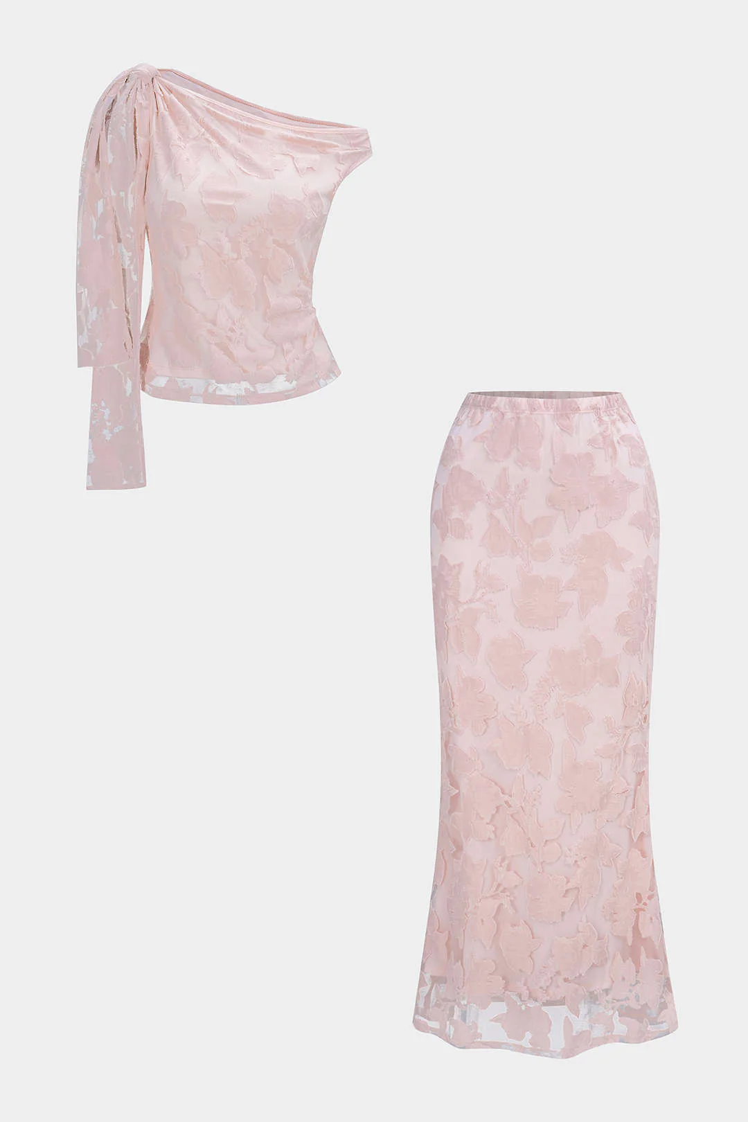 Floral Ruched Strappy One Shoulder Top And Skirt Set