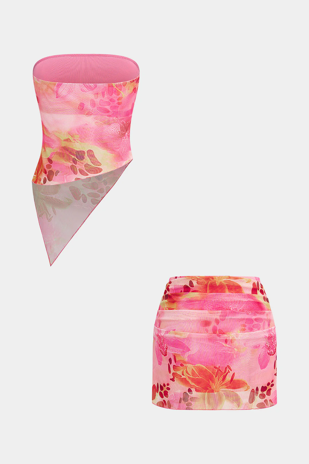 Floral Print Mesh Tube Top And Ruched Skirt Set - Image 2