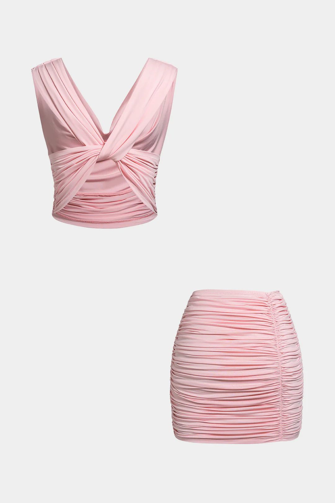 Draped Cowl Neck Ruched Crossed Tank Top And Mini Skirt Set - Image 2