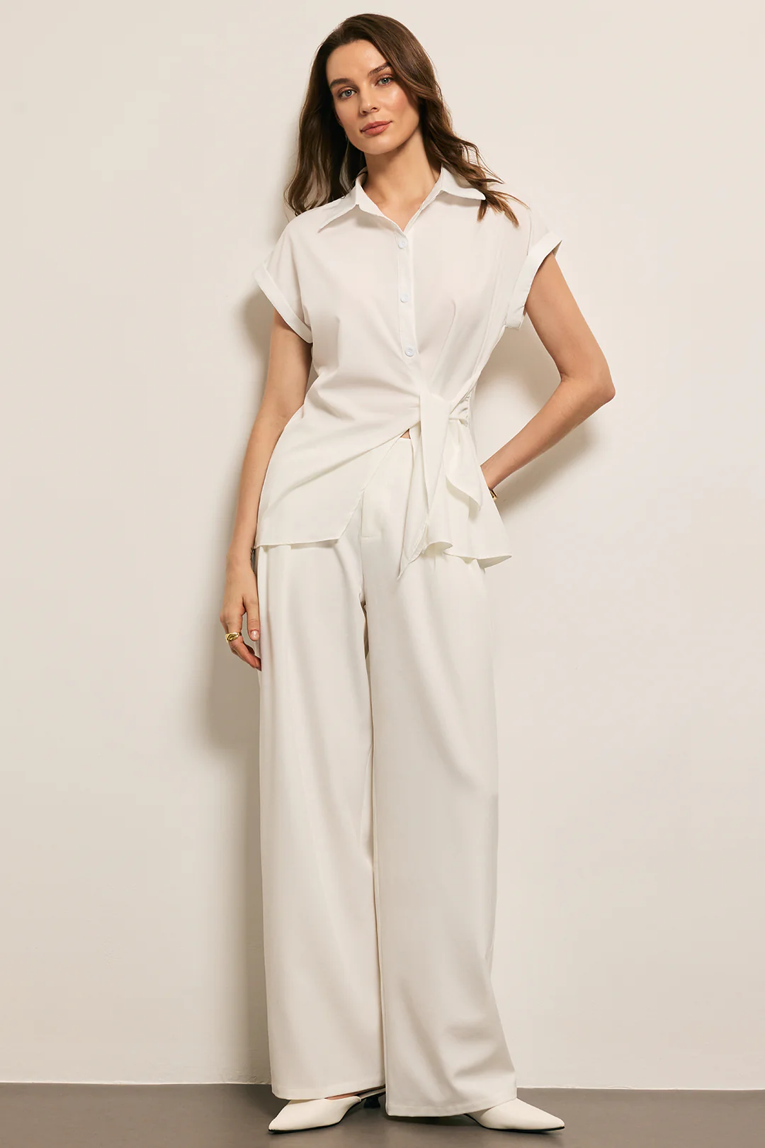 Asymmetrical Tie Front Long-Sleeve Shirt And Pants Set