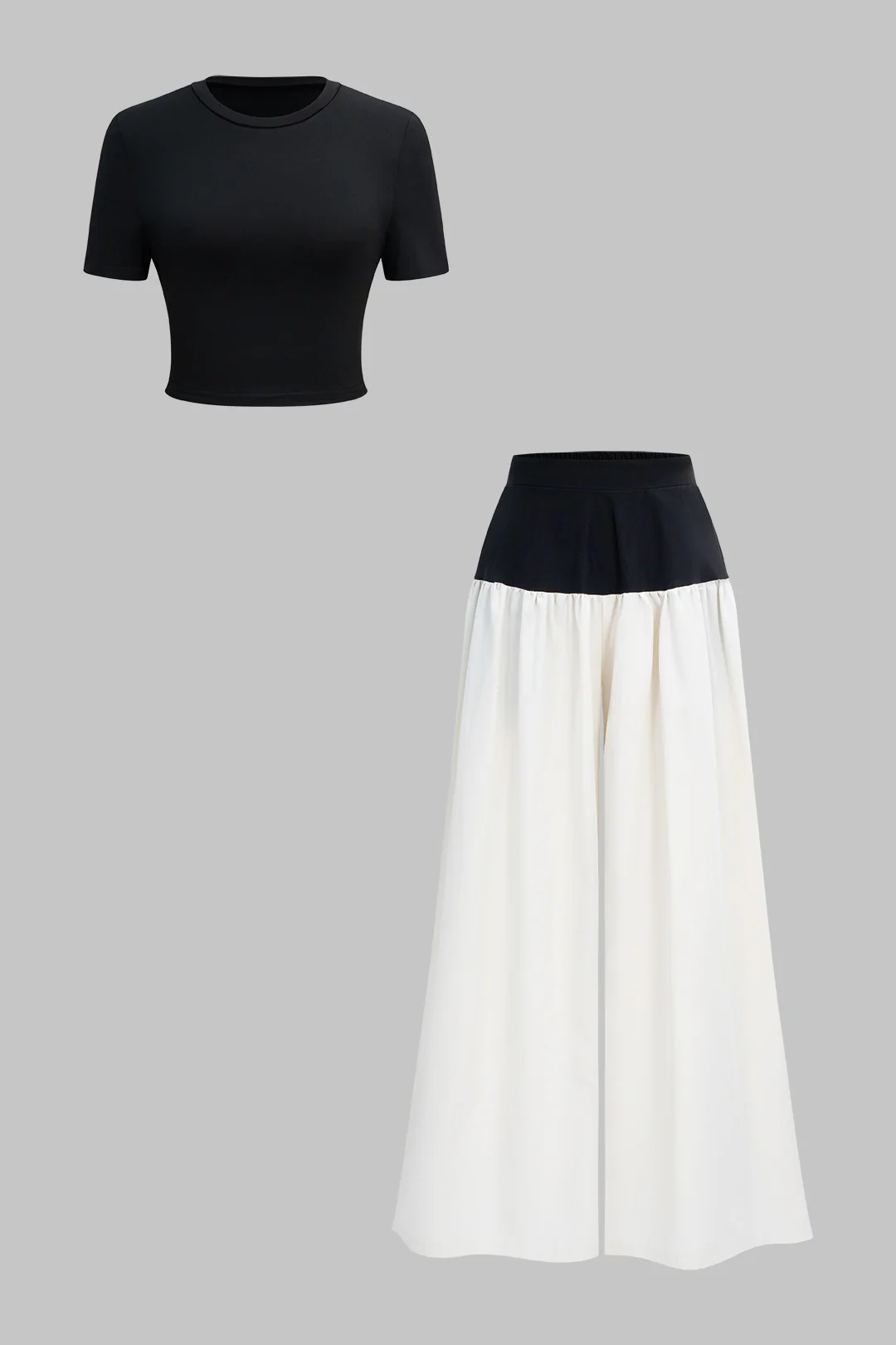 Solid Short-Sleeve T-Shirt And Contrast Ruched Wide Leg Trousers Set