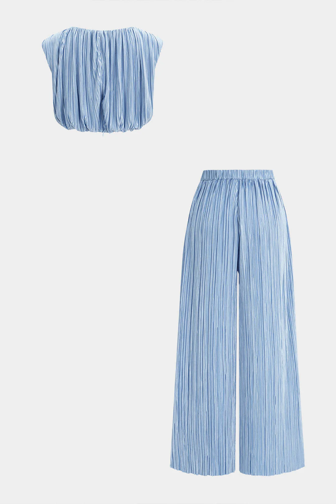 Ruched Sleeveless Cropped Top And Drawstring Tie-Up Wide Leg Pants Set - Image 2