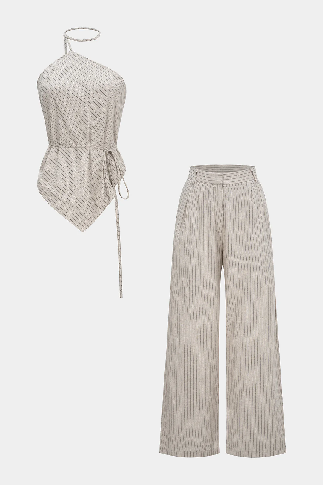 Stripes Print Halter Tie-Up Backless Top And Wide Leg Pants Set